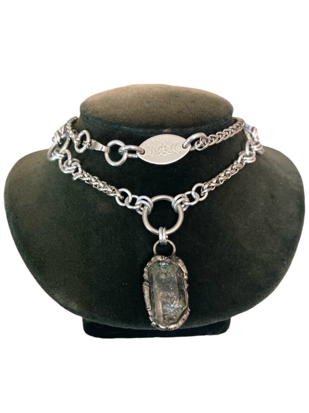 Smoky black herkimer diamond crystal on handmade maille stainless steel chain - Picture 2 of 15